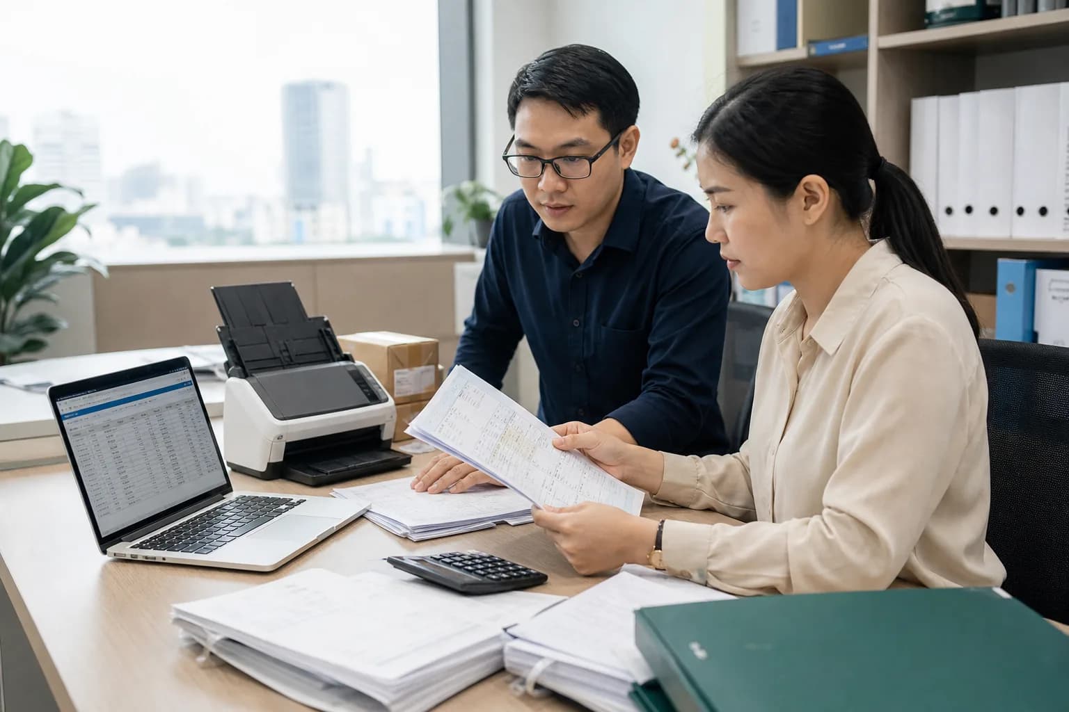 Kế toán viên và kỹ sư phần mềm Việt Nam kiểm tra hóa đơn cạnh máy quét tài liệu trước khi tự động hóa OCR