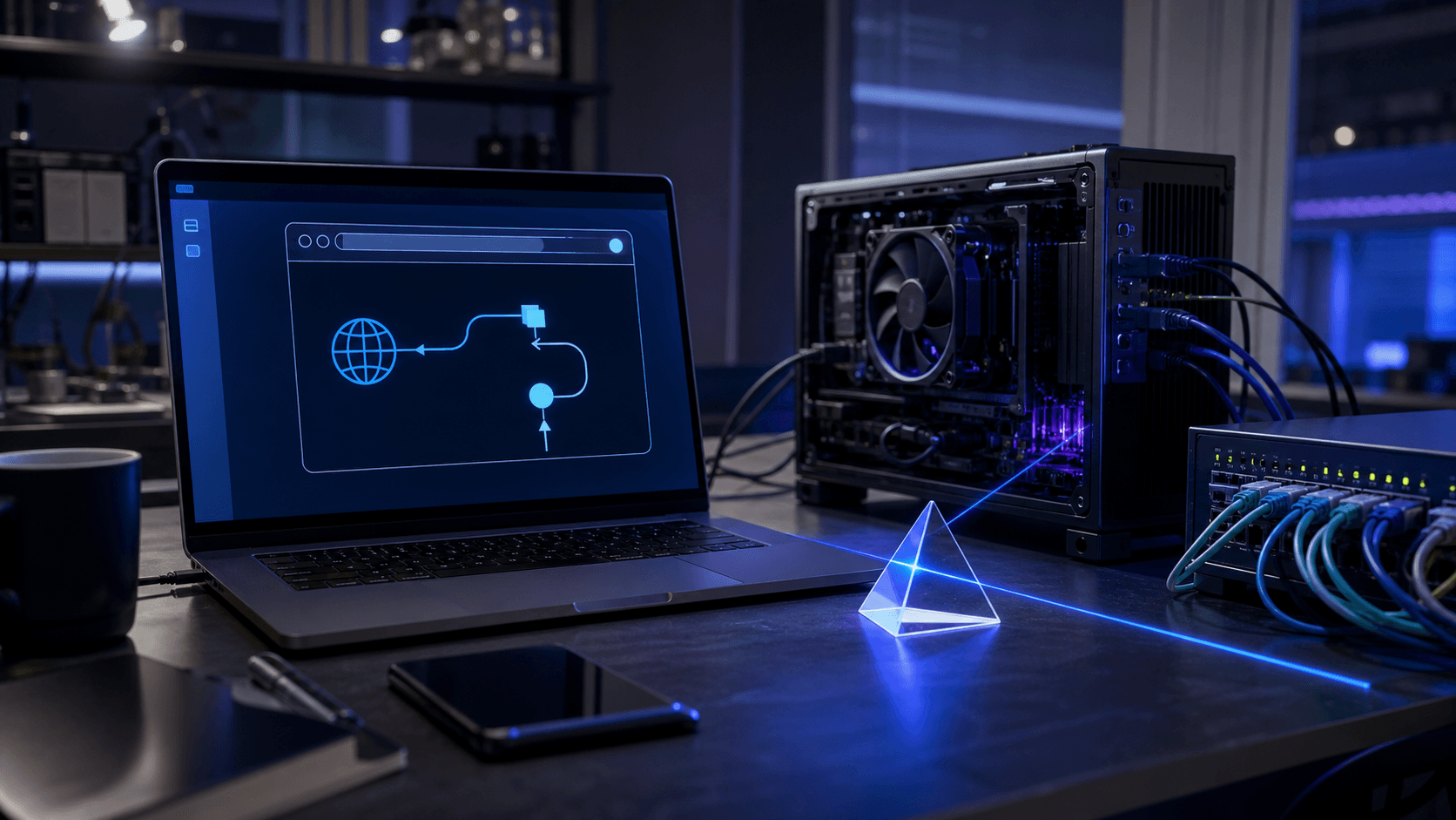 AI workstation, laptop and network equipment illustrating a redirected path into a local system