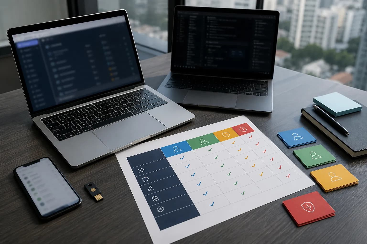 Hai laptop, khóa bảo mật và ma trận vai trò hành động dùng để kiểm tra phân quyền web app và API