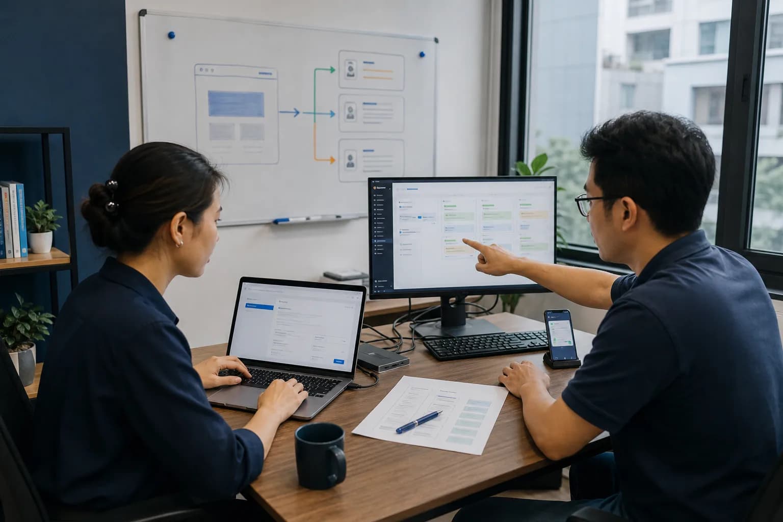 Nhân sự kinh doanh và kỹ sư kiểm thử luồng kết nối form website với CRM trong văn phòng