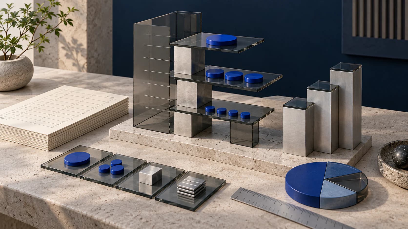 Glass and metal modules on a planning table, illustrating how a technology project is divided into scope and budget