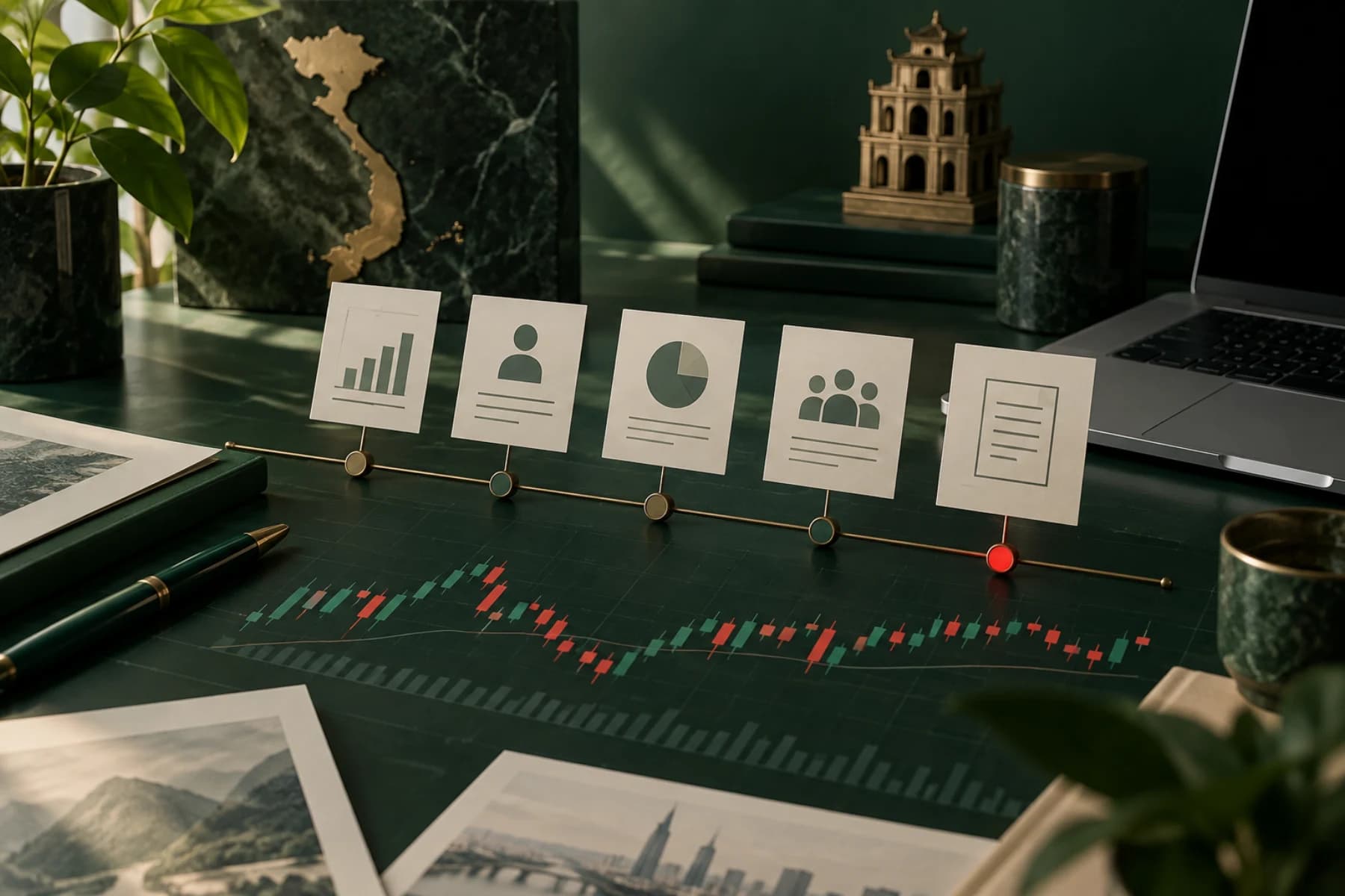 A data desk with a stock chart, corporate-event cards and a brass map of Vietnam