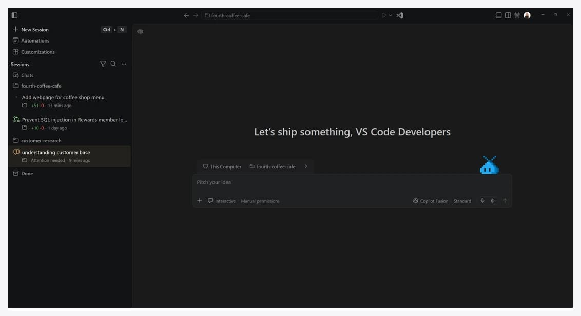 Agents window with sessions and sample projects in the 28 October 2026 VS Code demo