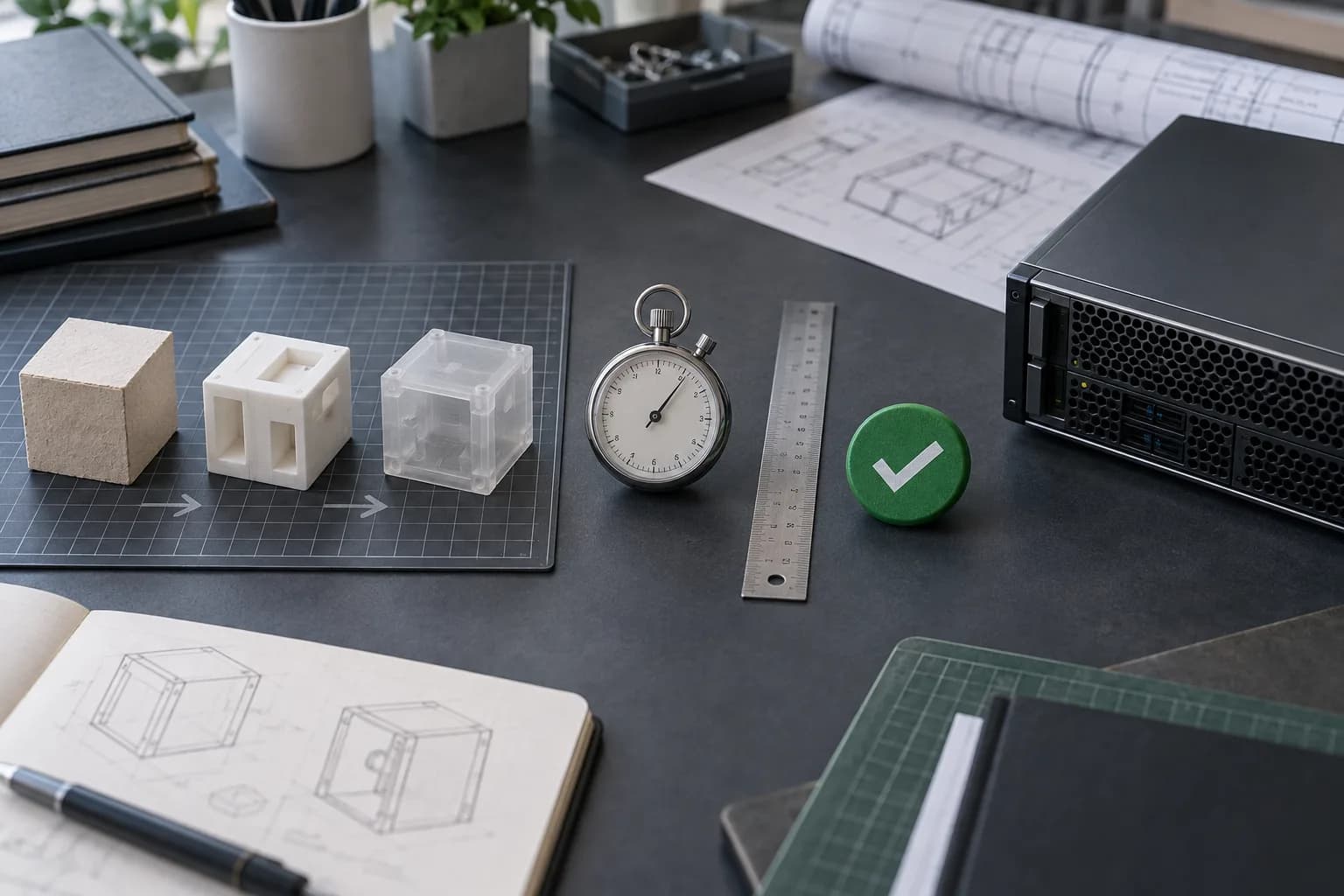 An editorial still life illustrating the sequence from an AI pilot to measurement and approval.