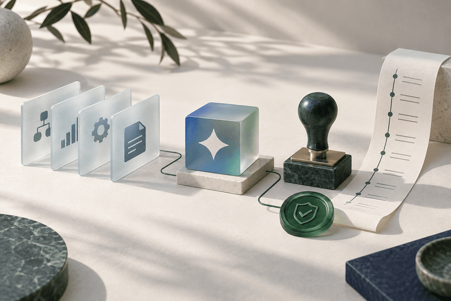 Workflow cards, an approval stamp and an access token beside an AI audit trail