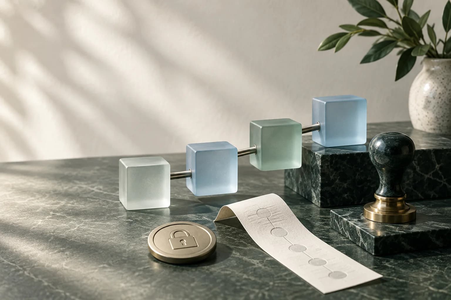 Connected workflow blocks, an approval stamp and an access lock on a deep green surface