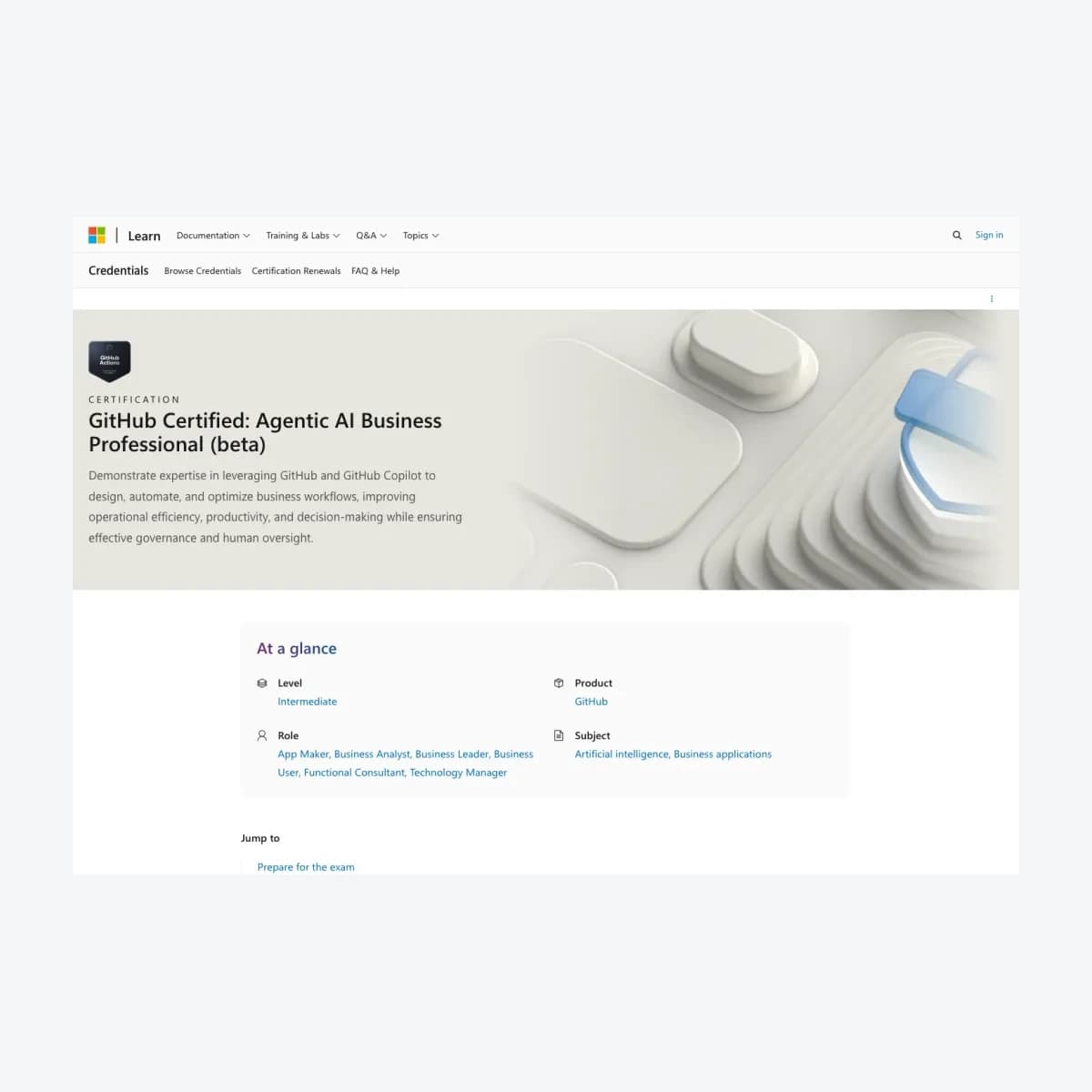 Ảnh chụp trang chứng chỉ GitHub Certified: Agentic AI Business Professional trên Microsoft Learn.