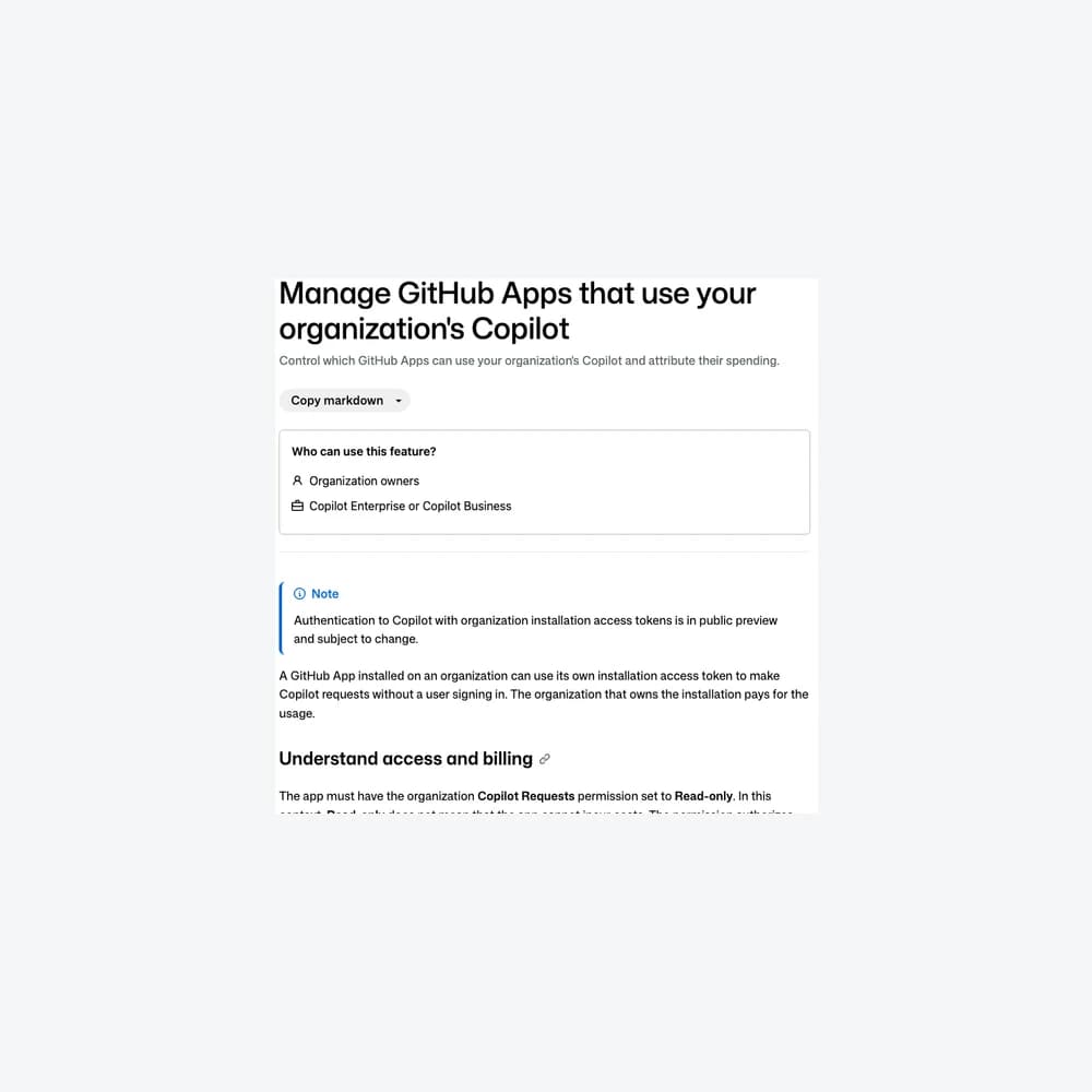 Tài liệu GitHub về quyền và chi phí cho GitHub App dùng Copilot server-to-server trong public preview