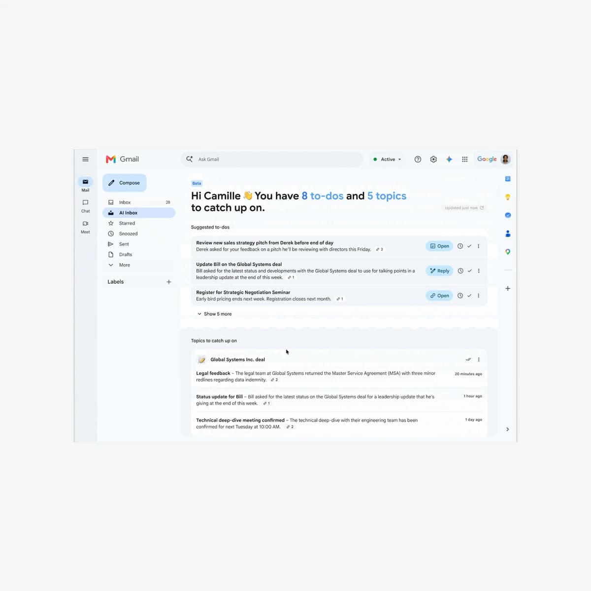 Gmail AI Inbox showing Suggested to-dos and Topics to catch up on, Google’s Camille sample published October 15, 2026.