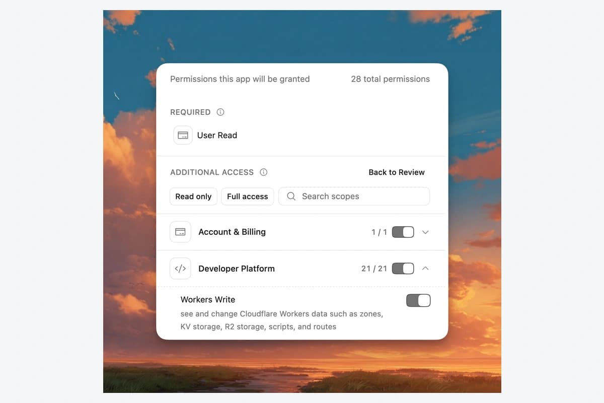 Cloudflare OAuth Edit Permissions for selecting additional application permissions; vendor authorization demonstration.