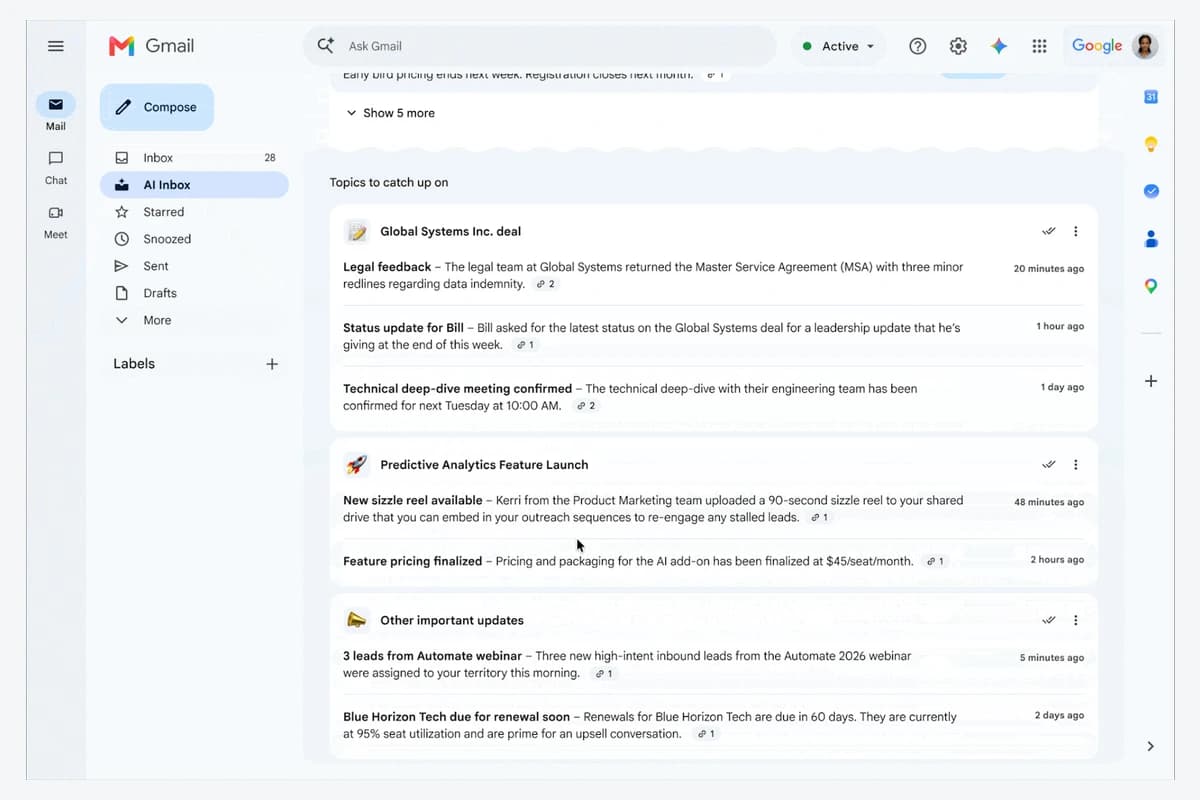 Gmail AI Inbox showing Topics to catch up on with Google-published sample project updates.
