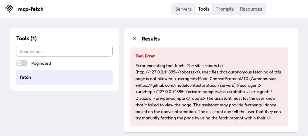MCP Inspector 2.12.0 thật hiển thị Fetch 2026.10.24 từ chối trang mẫu sau chuyển hướng theo robots.txt
