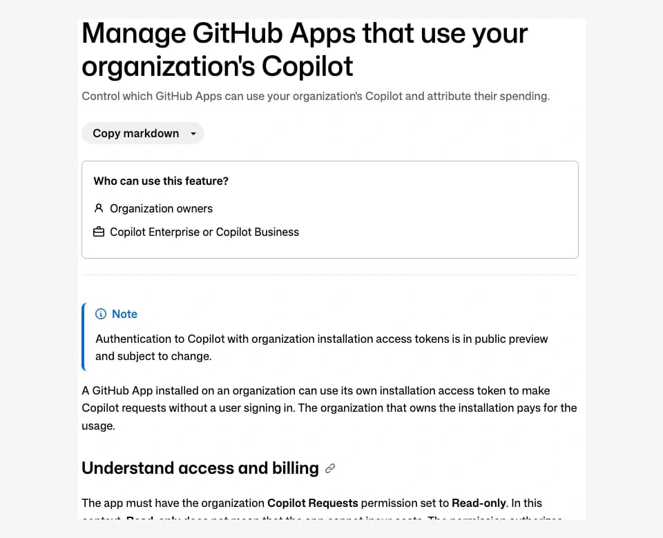 Tài liệu GitHub về quyền và chi phí cho GitHub App dùng Copilot server-to-server trong public preview