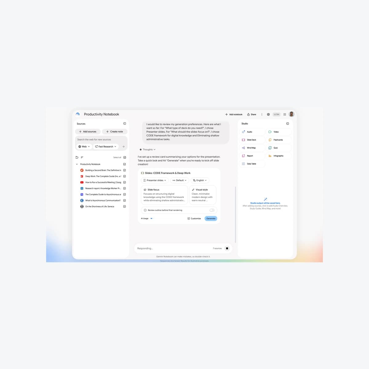 Gemini Notebook thật: thẻ Slides CODE Framework & Deep Work, Slide focus, Visual style và Review outline đang tắt; khung 22 giây demo Google 19/10/2026.