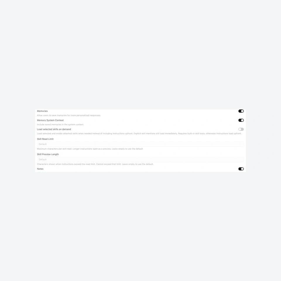 Actual Load selected skills on demand setting in Open WebUI0.12.4, disabled by default