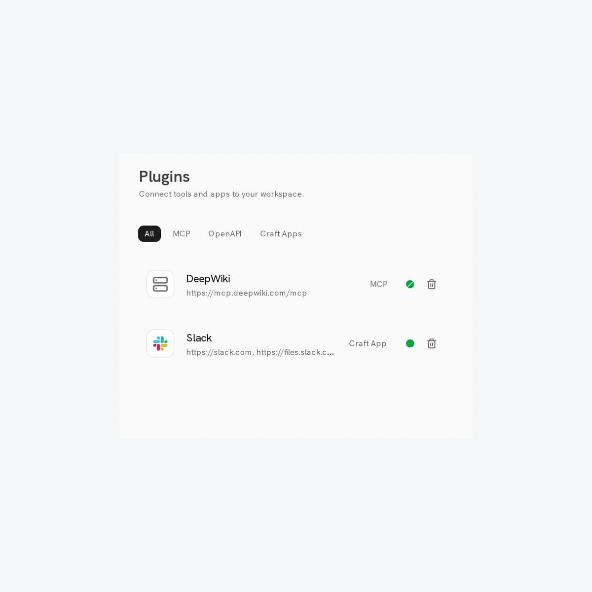 Trang Plugins của hệ thống Onyx 5.0 với DeepWiki và Slack mẫu trong tài liệu chính thức