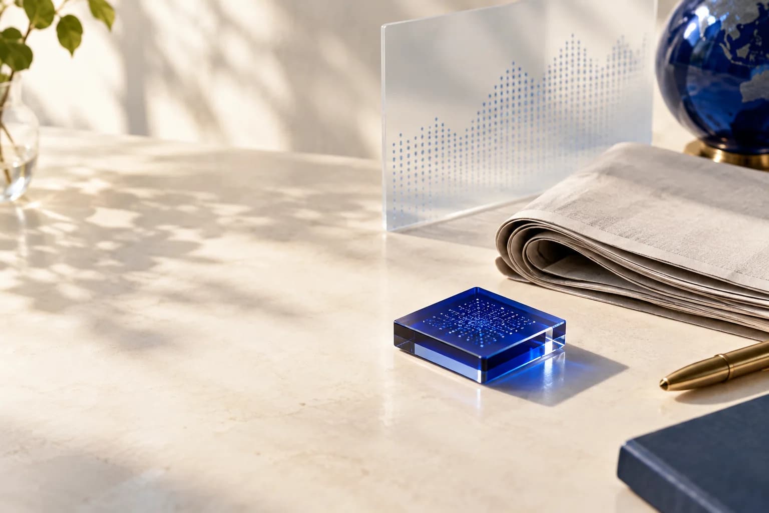 An editorial desk with a blue data tile, folded newspaper and information card in morning light
