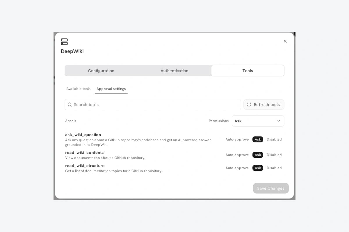 Giao diện phê duyệt các công cụ DeepWiki trong trang Plugins của Onyx