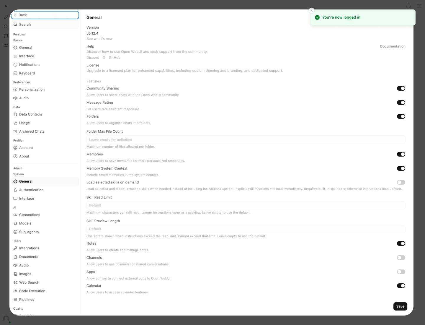 Actual Load selected skills on demand setting in Open WebUI0.12.4, disabled by default