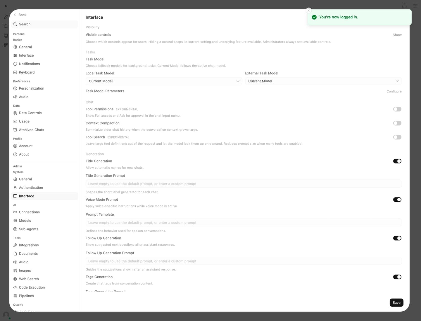 Open WebUI0.12.4 administrator Interface settings and visibility controls