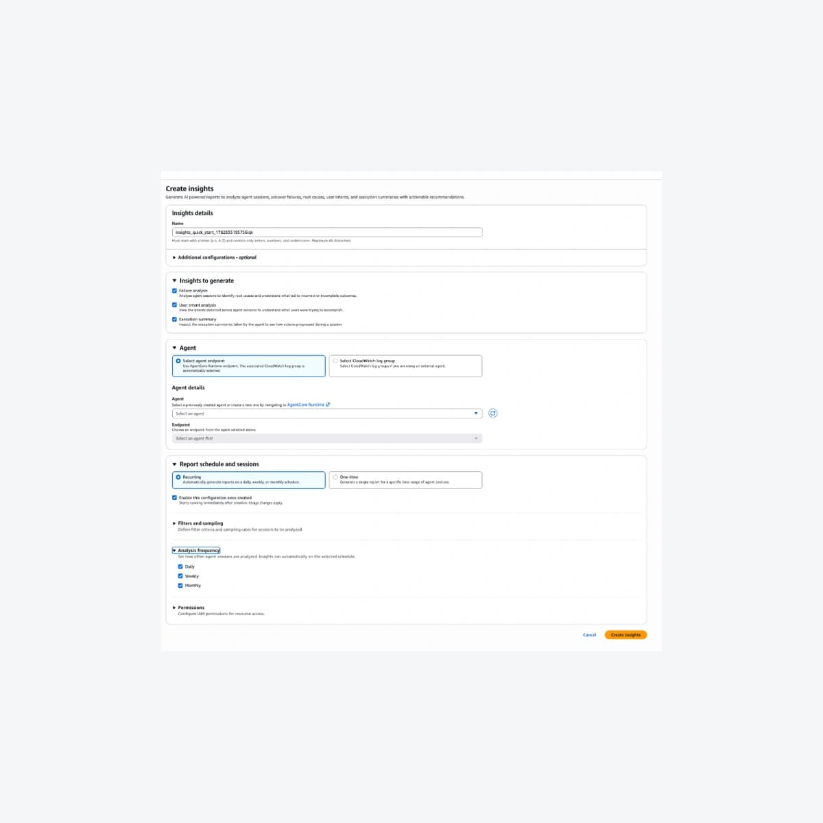 Giao diện Create insights của Amazon Bedrock AgentCore do AWS công bố tháng 7/2026, hiển thị loại phân tích và lịch báo cáo; ảnh tư liệu trước mốc dừng tạo tác vụ 16/10.