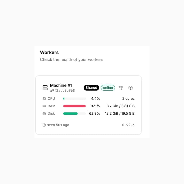 Workers view captured directly from Activepieces image 0.92.3-hotfix.1 with Node.js 24.22.1 in an isolated test environment