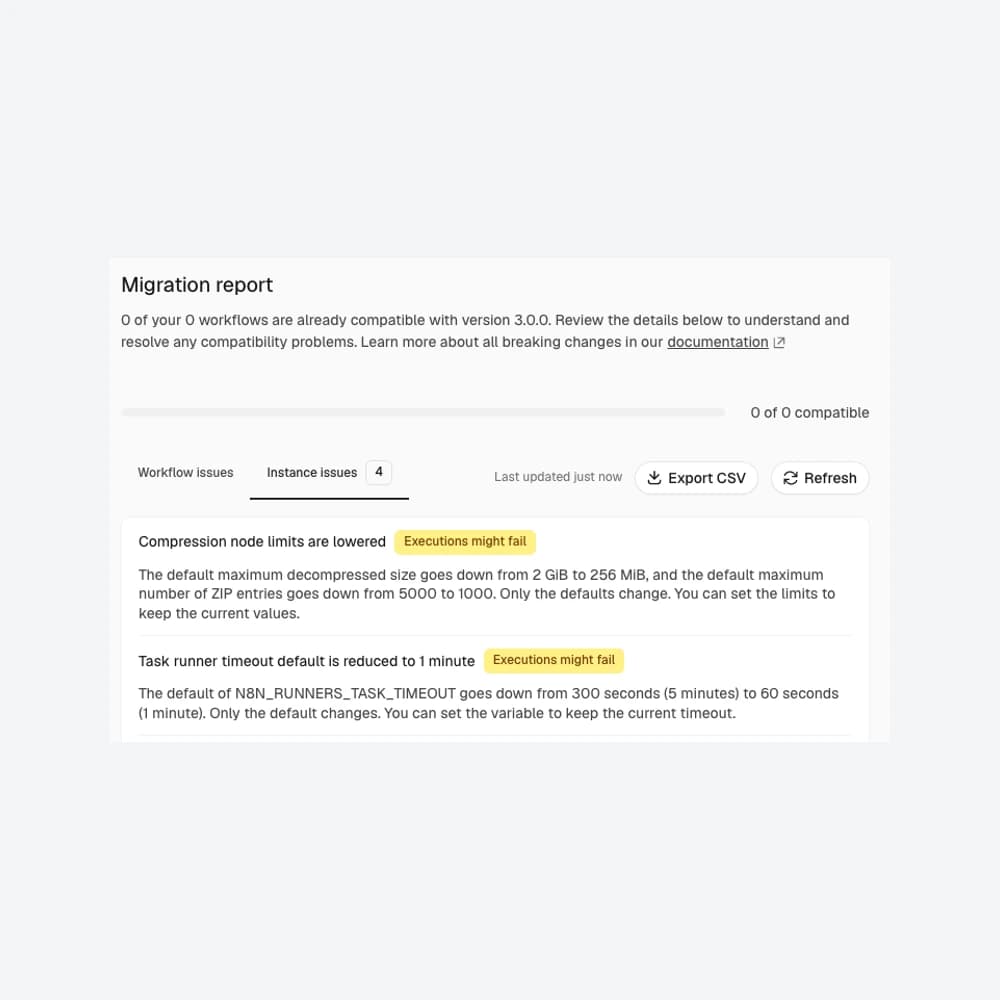Migration report → Instance issues in actual n8n 3.0.0, showing compression and timeout default changes