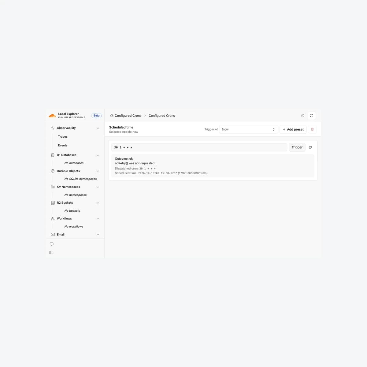 Actual Cloudflare Local Explorer 4.139.0 running locally at Friday Works: Cron Triggers with 30 1 * * * and an ok outcome from a demo handler.
