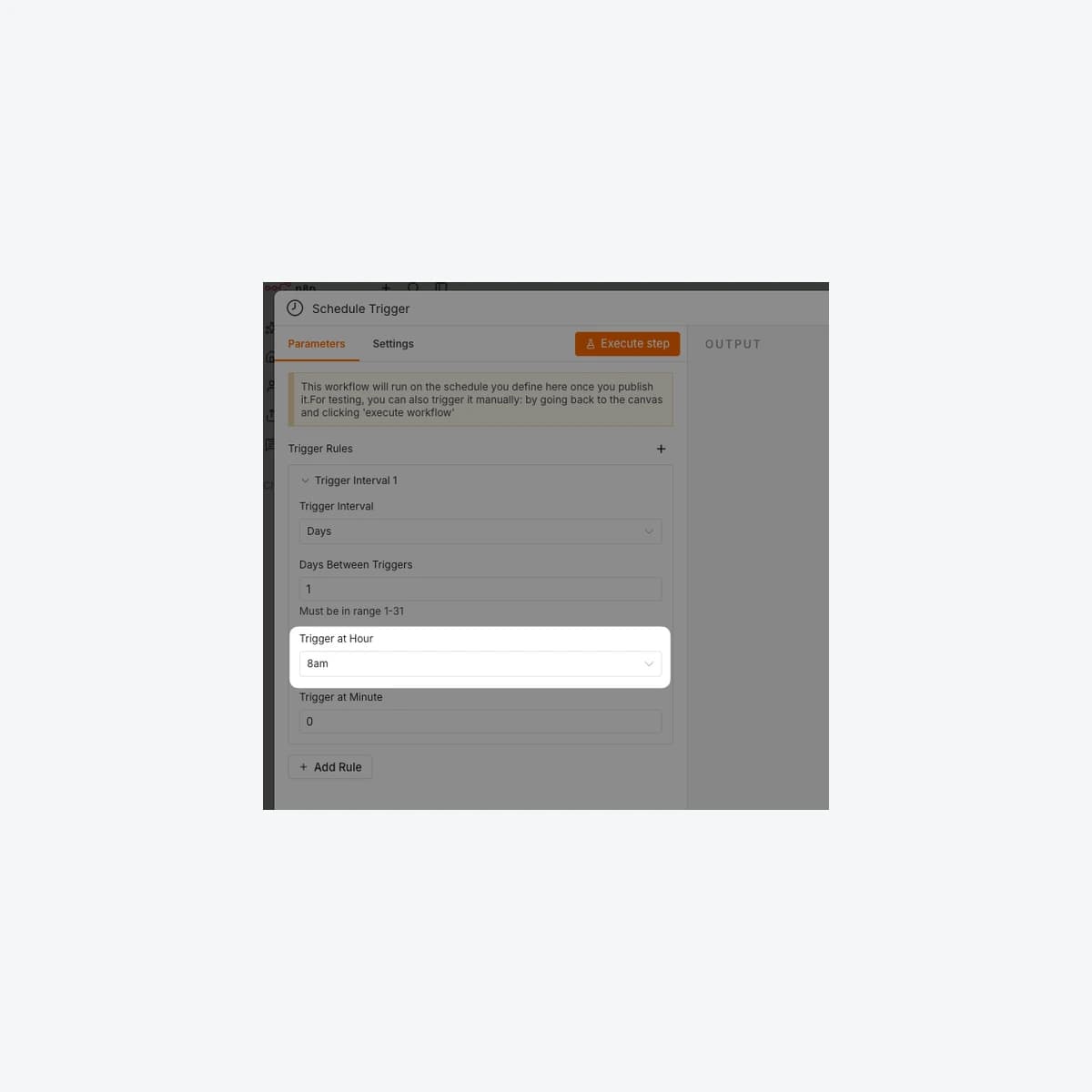 Actual n8n Schedule Trigger screen from official documentation, configured for a daily 8am run; vendor sample, not an incident capture.