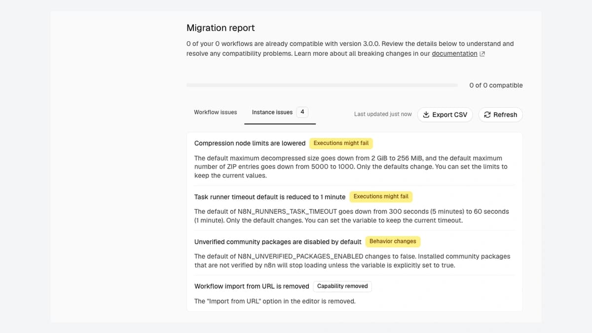 Migration report → Instance issues in actual n8n 3.0.0, showing compression and timeout default changes