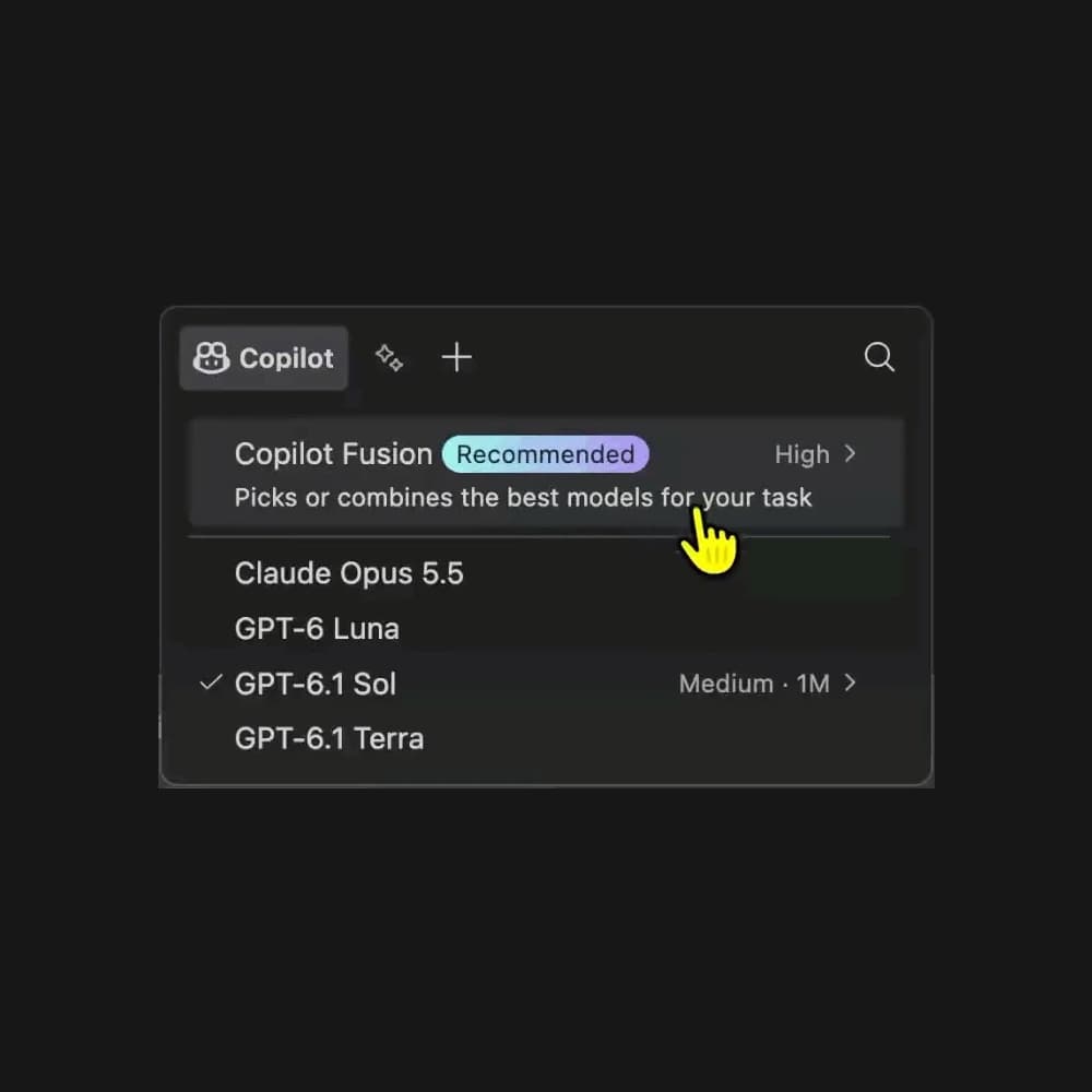 Màn chọn Copilot Fusion trong video demo VS Code 1.144 ngày 28/10/2026, đúng tính năng chọn mô hình