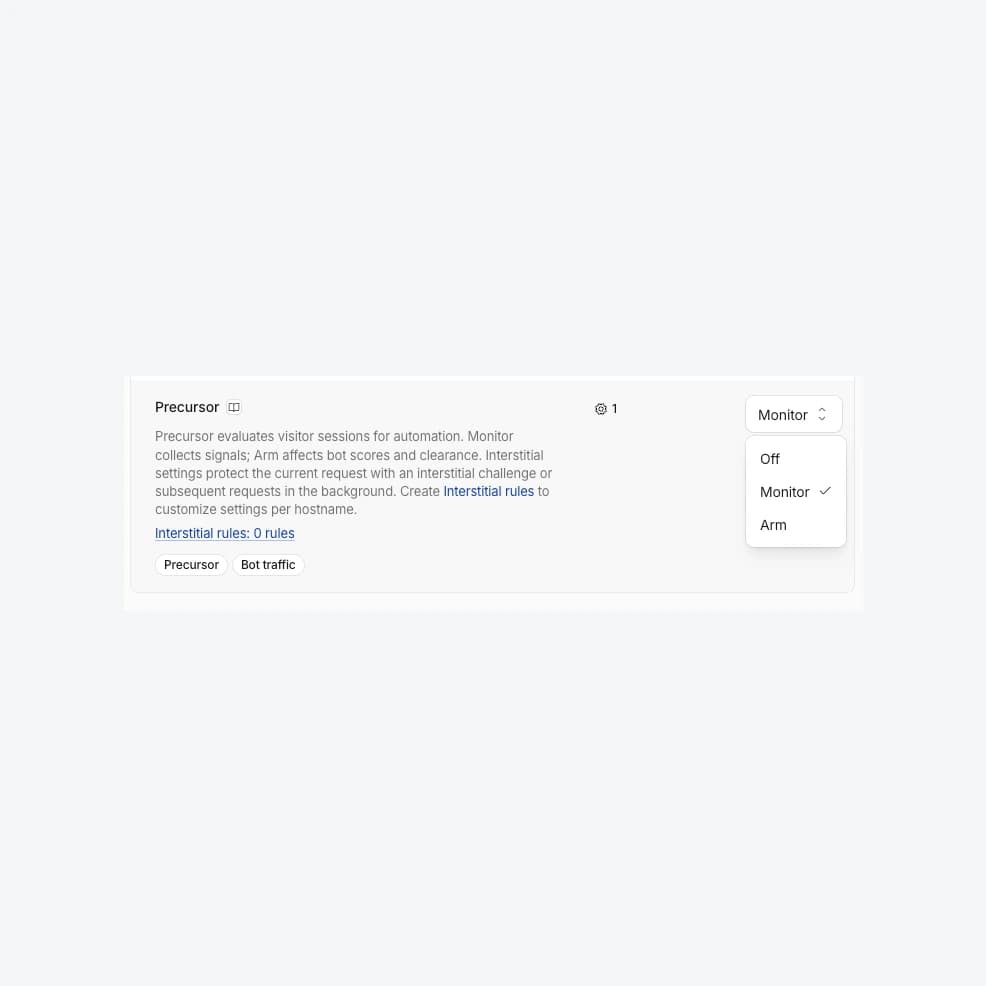 Cloudflare Precursor settings with Off, Monitor and Arm status options; Monitor is selected in the official screenshot.