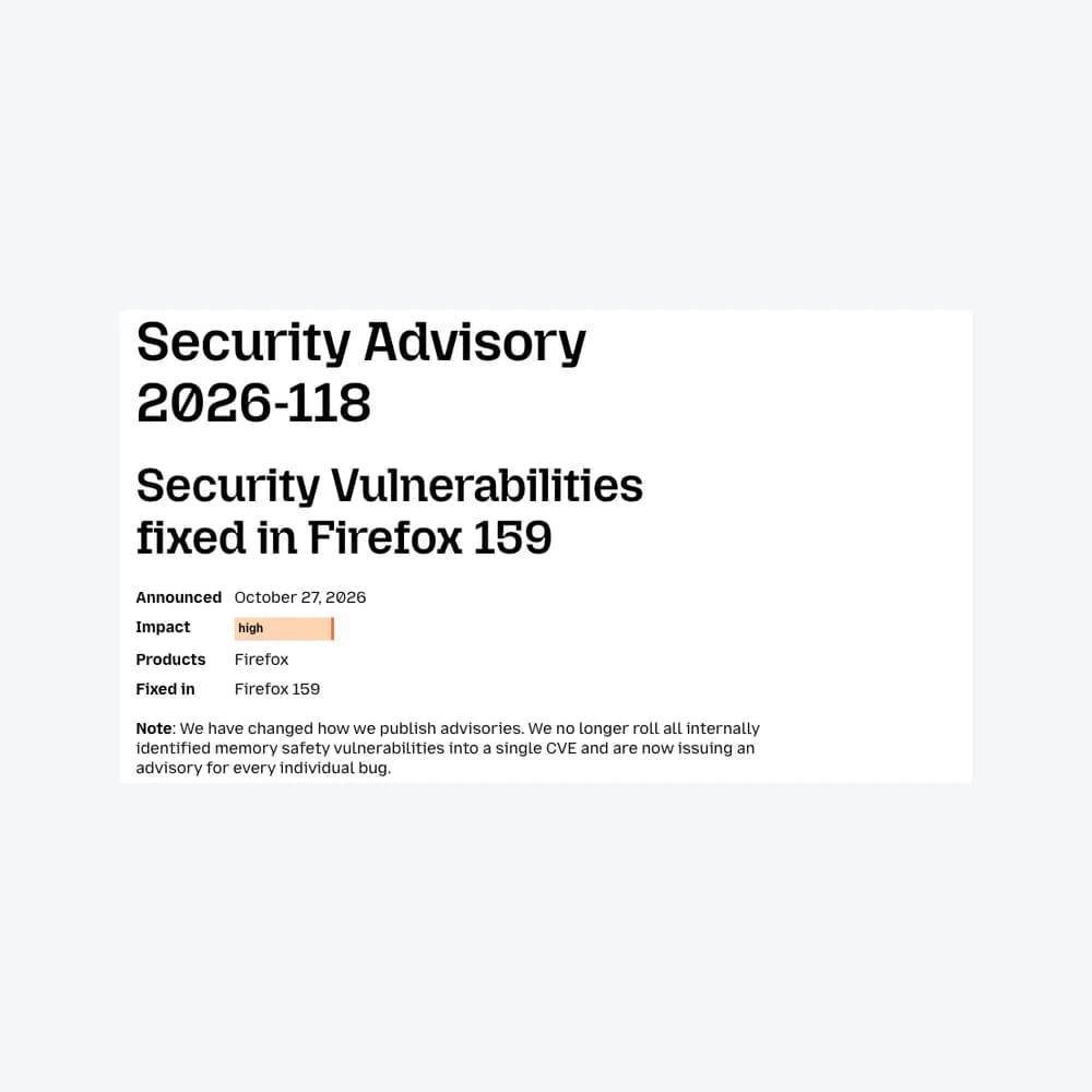 Official MFSA 2026-118 heading and Firefox 159 fix information, October 27, 2026