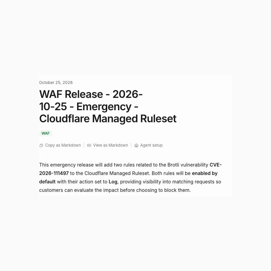 Thông báo Cloudflare Managed Ruleset ngày 25/10/2026 về hai quy tắc Brotli và Next.js, mặc định Log