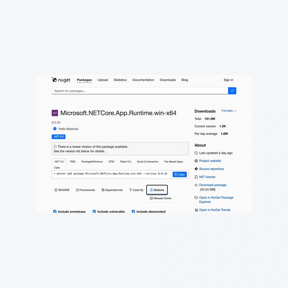 Giao diện NuGet thật của gói runtime Windows x64 .NET 8.0.33, không phải màn hình Visual Studio hay kết quả cài bản vá