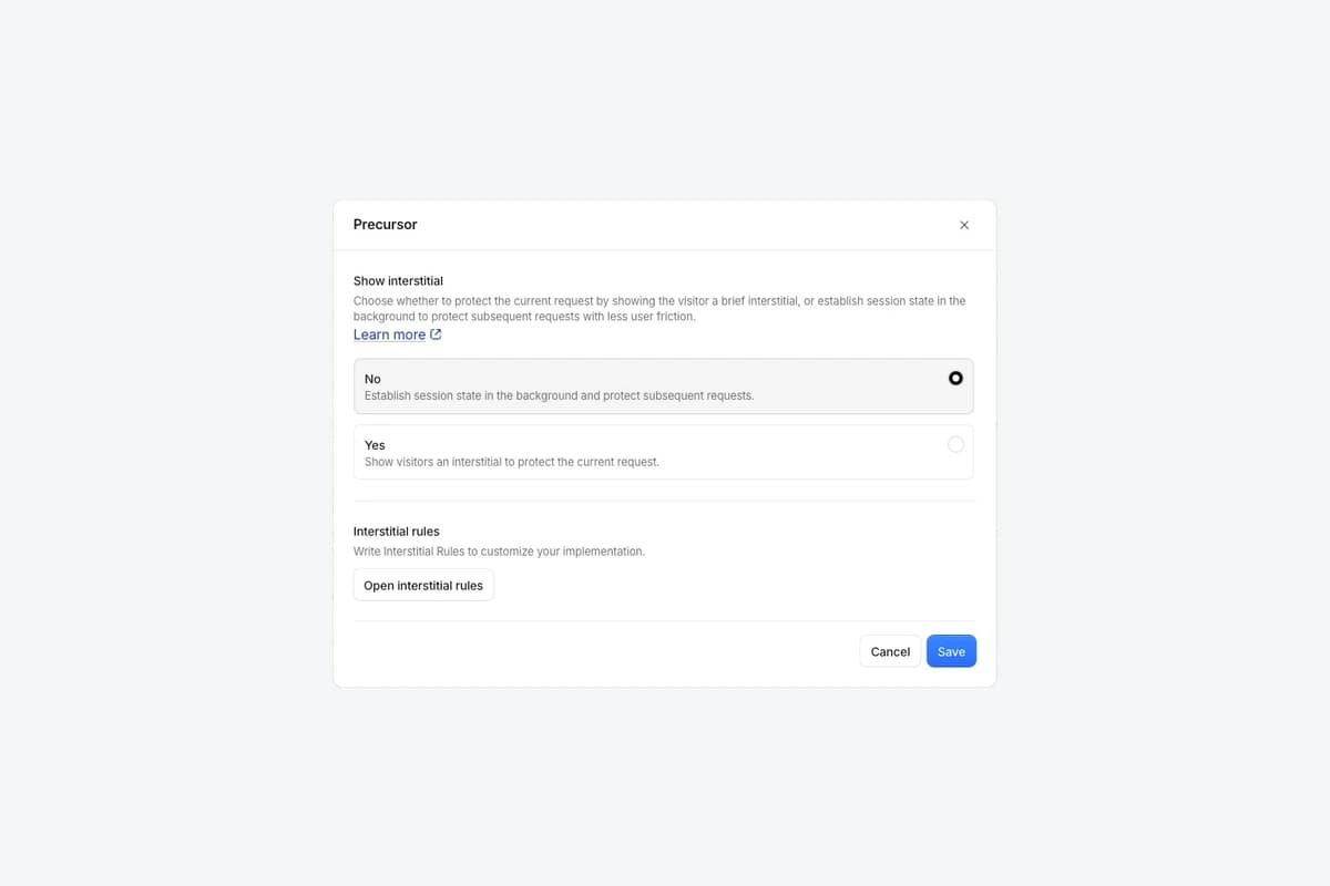 Cloudflare Precursor Show Interstitial No/Yes and Open interstitial rules; No is selected in the official screenshot.