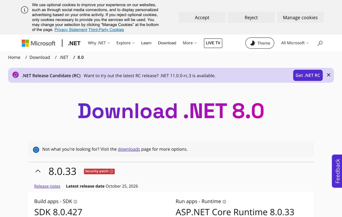 Trang tải .NET 8 chính thức hiển thị8.0.33 và ngày phát hành25/10/2026