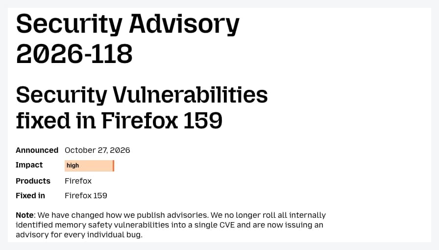 Official MFSA 2026-118 heading and Firefox 159 fix information, October 27, 2026