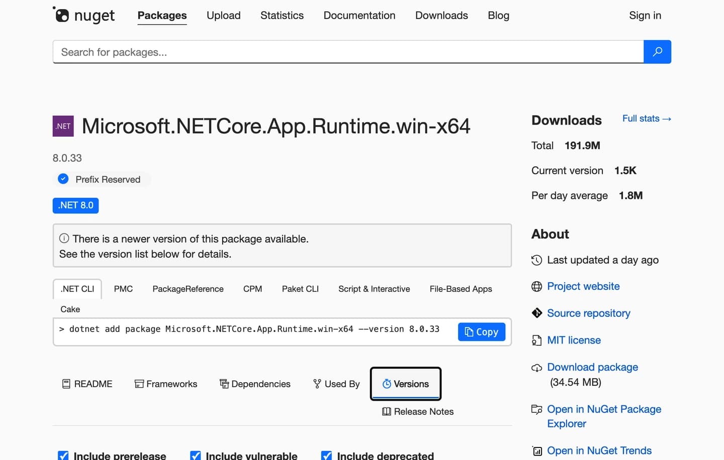Giao diện NuGet thật của gói runtime Windows x64 .NET 8.0.33, không phải màn hình Visual Studio hay kết quả cài bản vá