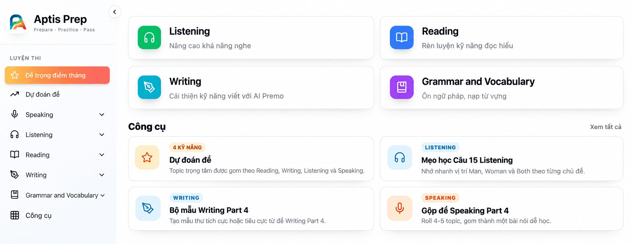 Các khu vực Speaking, Listening, Reading, Writing và Grammar trong AptisPrep