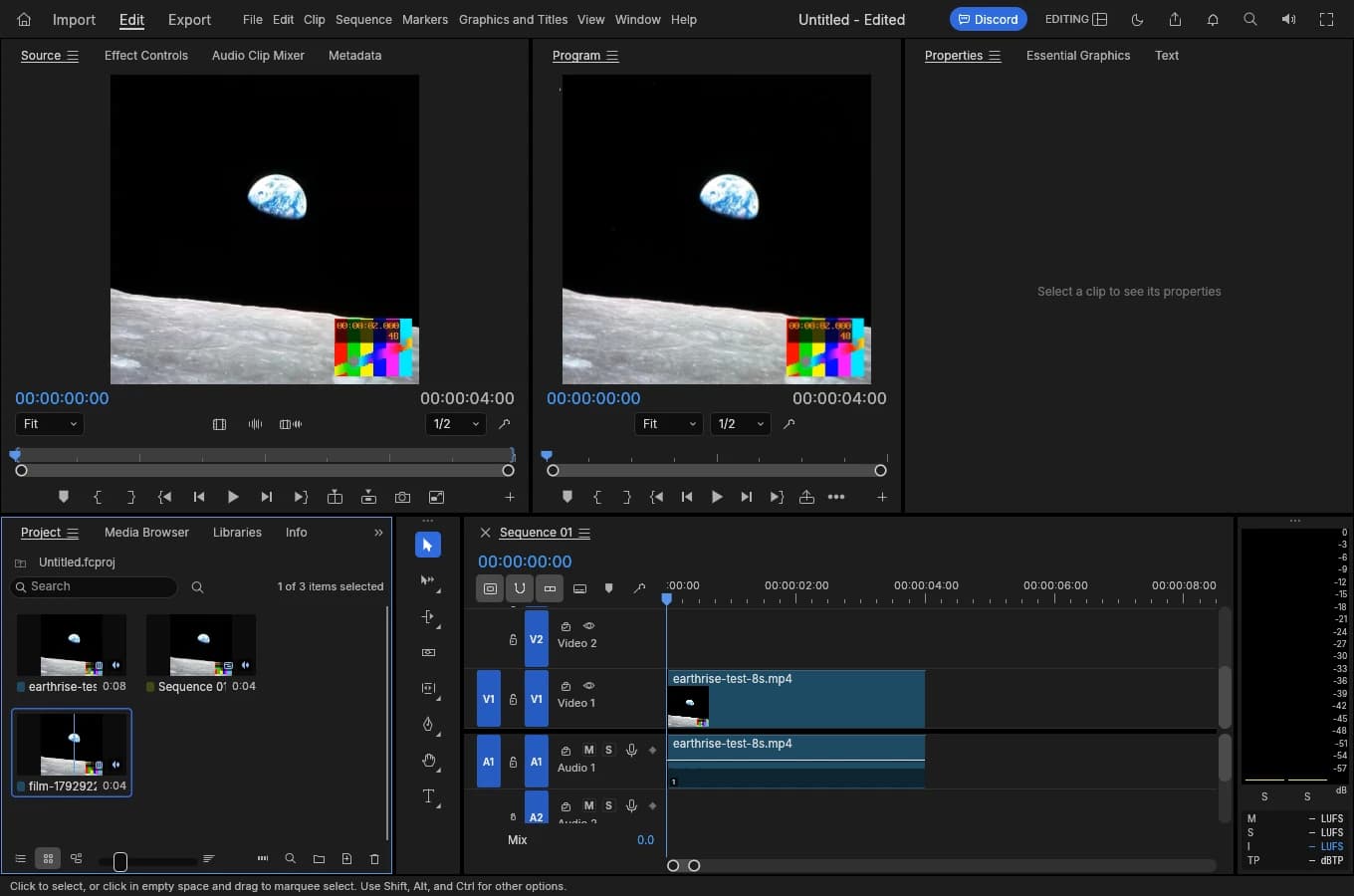File MP4 xuất thật được mở trong Source của FilmCraft 0.12.0, cạnh Program của sequence 4 giây