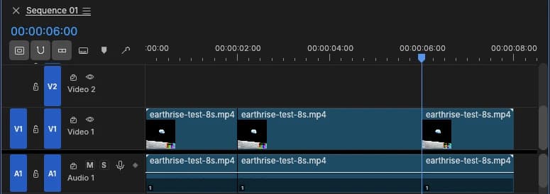 Timeline thật của FilmCraft 0.12.0 tách hình V1 và tiếng A1 tại giây 2 và giây 6