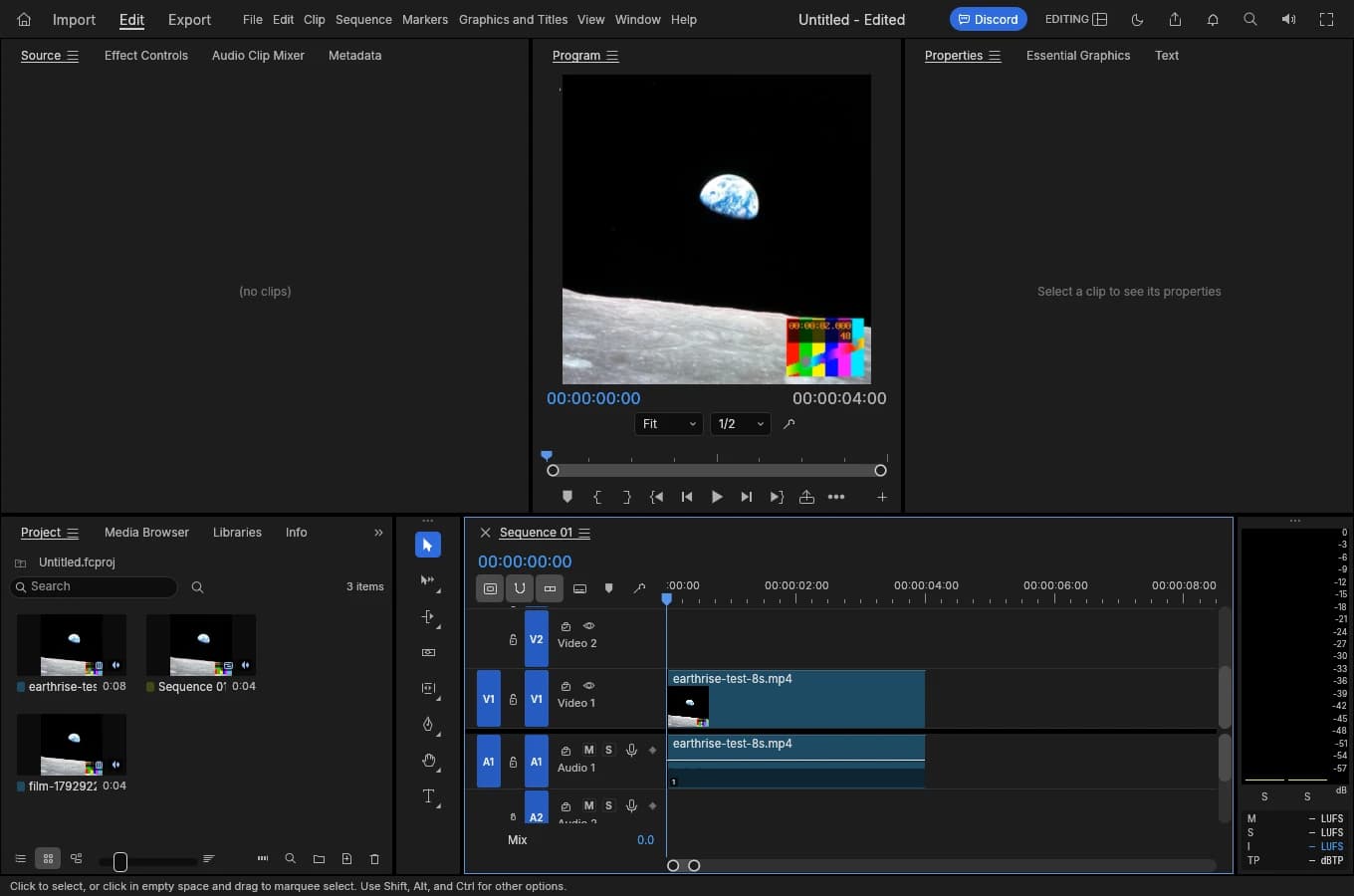 FilmCraft 0.12.0 có sequence 4 giây trên V1 và A1; Project có clip nguồn 8 giây và file xuất đã nhập lại