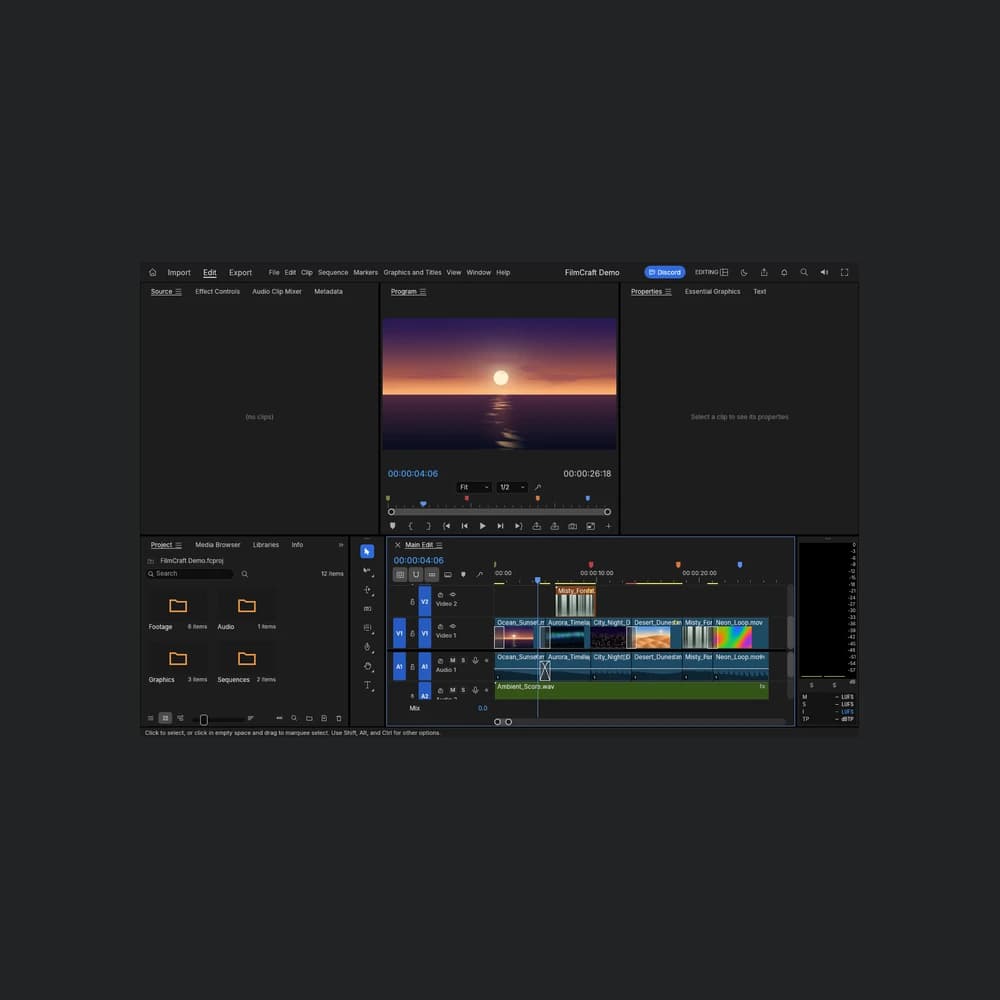 FilmCraft 0.12.0 running its built-in demo project with the Program monitor and multitrack timeline