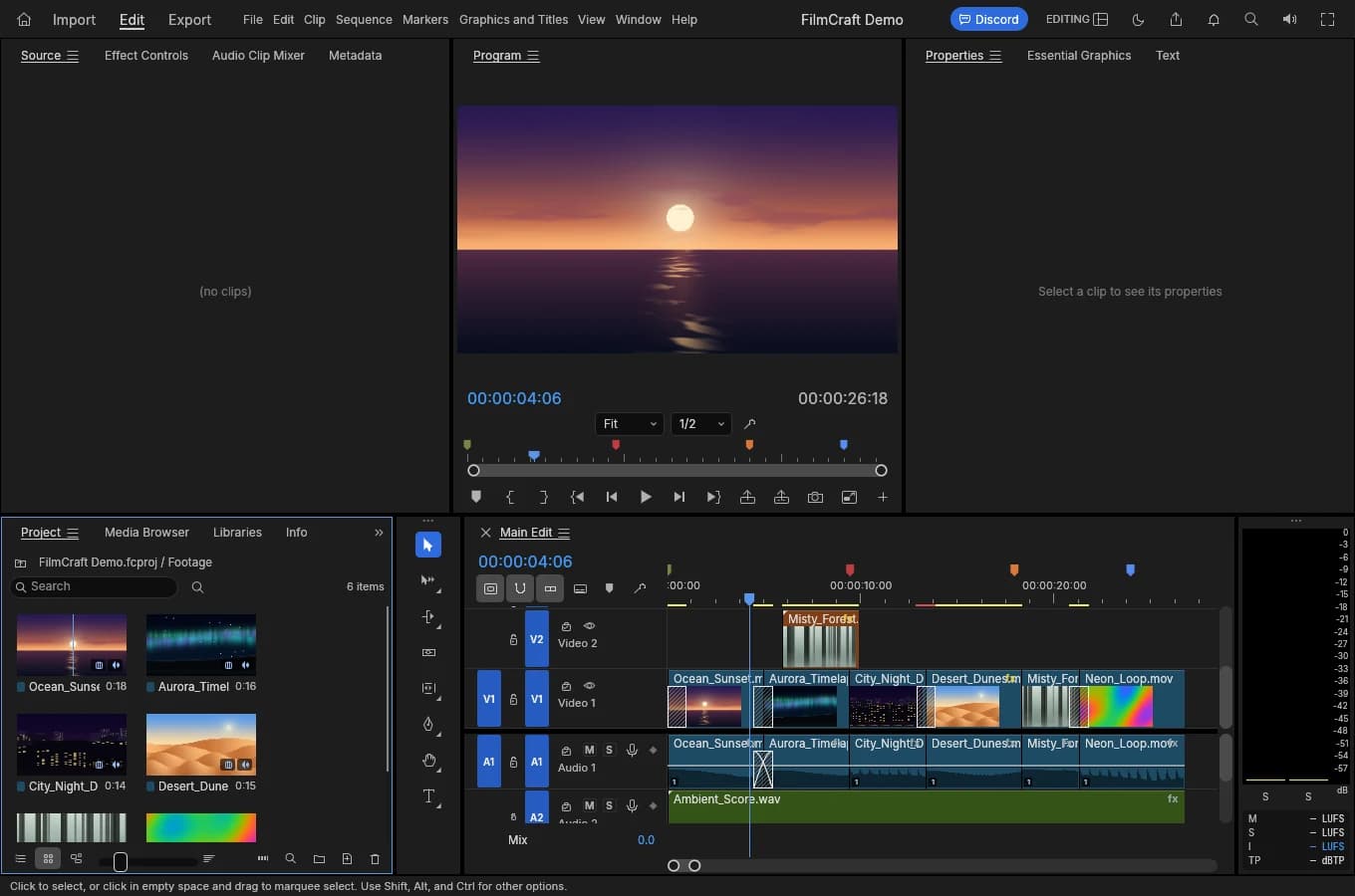 FilmCraft 0.12.0 Project interface after opening the built-in demo’s Footage folder