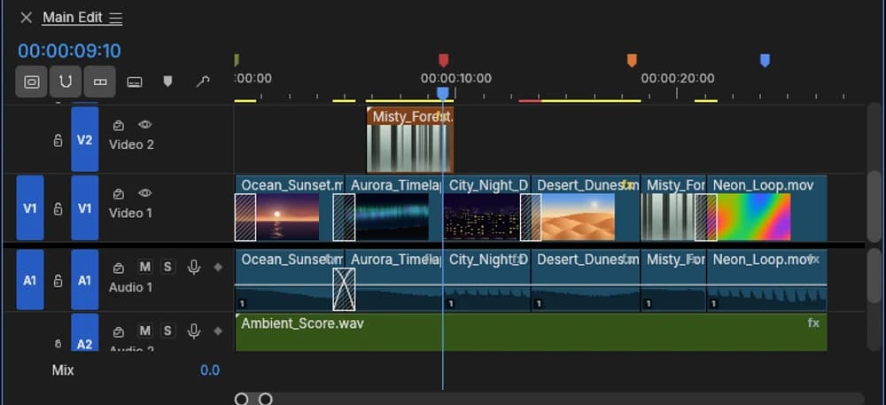 Actual FilmCraft 0.12.0 timeline detail showing V1, V2, A1 and A2 tracks in the demo project