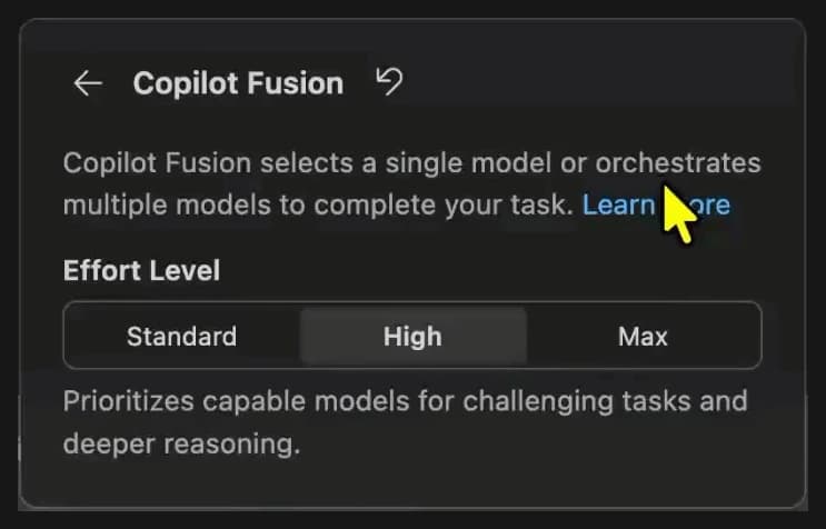 Ba mức Standard, High và Max trong demo Copilot Fusion của VS Code 1.144