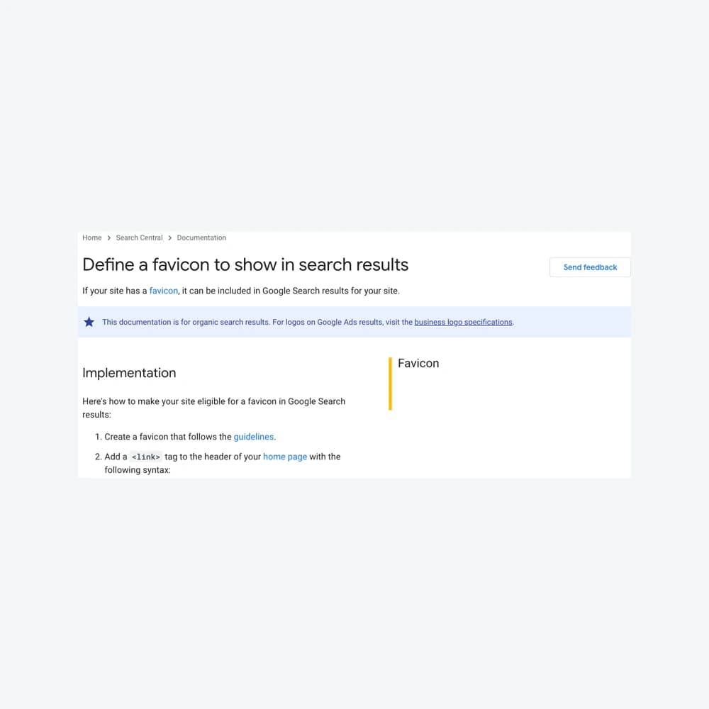 The genuine Google Search Central Define a favicon documentation, marked updated 27 October 2026; not Search Console