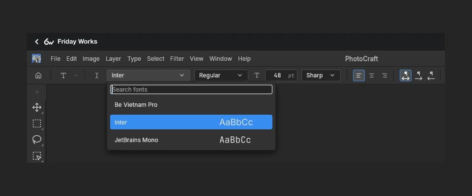 The font picker in public PhotoCraft on Friday Works now lists Be Vietnam Pro alongside Inter and JetBrains Mono.