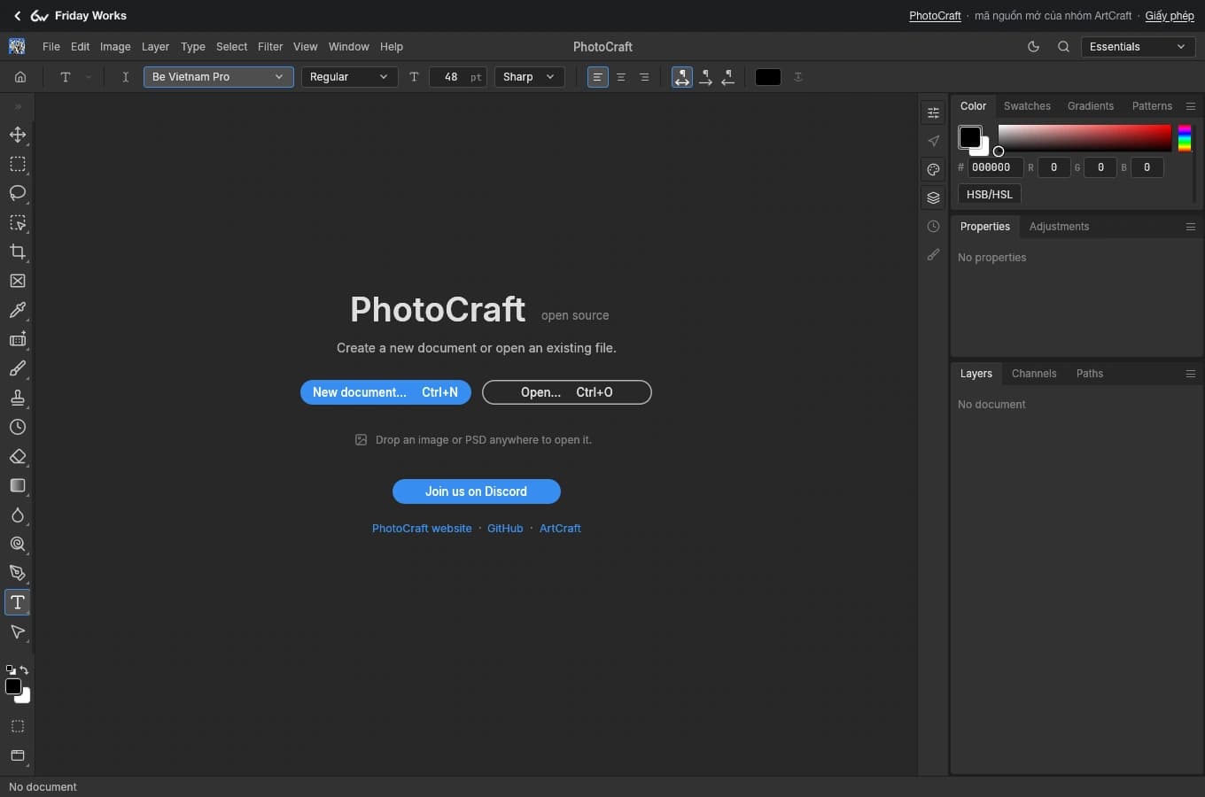 Public PhotoCraft on Friday Works has Be Vietnam Pro selected on the welcome screen to load it before opening a PSD.